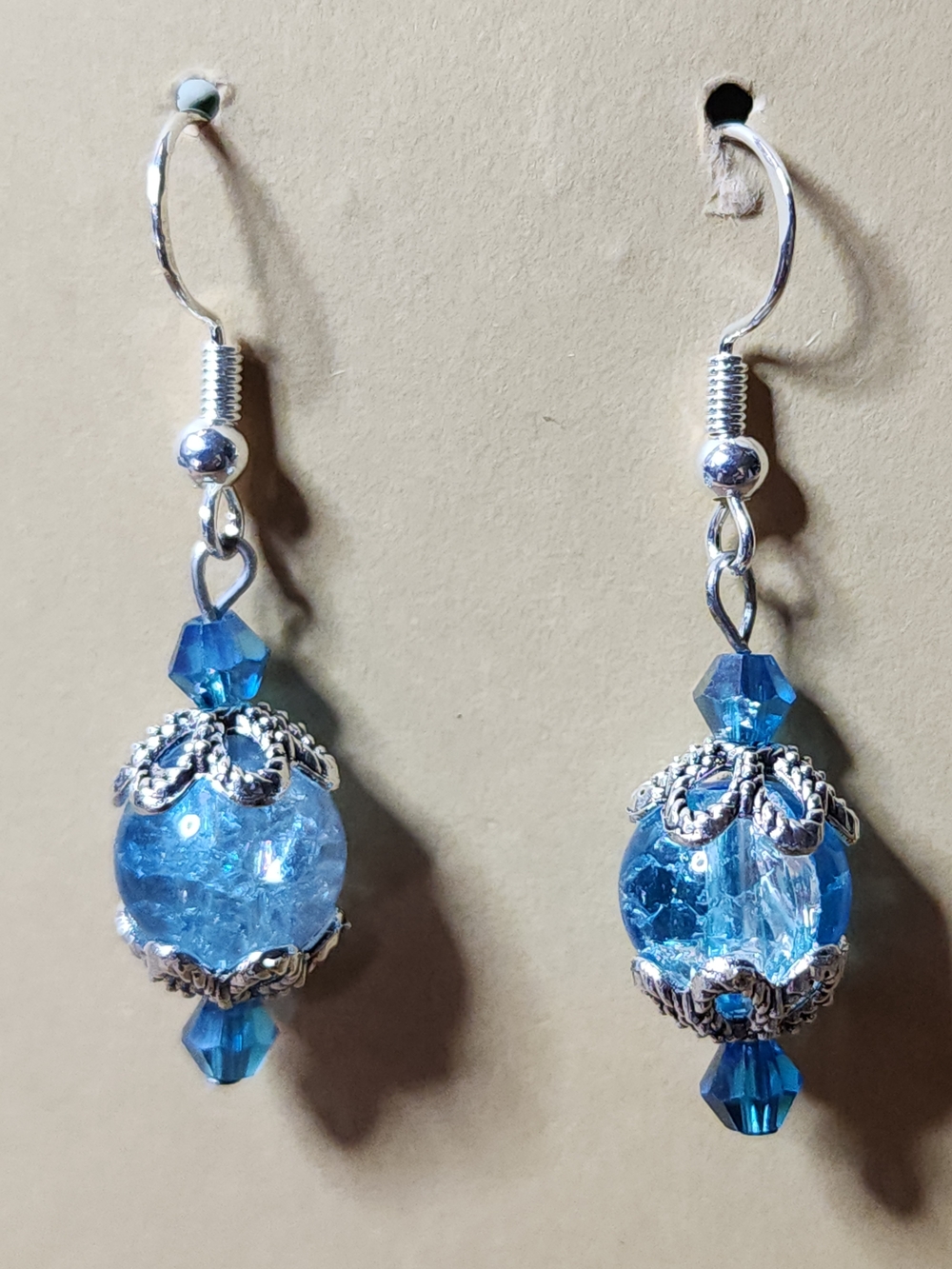 Hand Crafted Dangle Earrings With Crackled Blue & Clear Beads - Picture 3 of 9